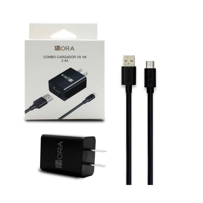 Cargador Combo 2.4A 1Hora USB A con Cable USB A - Micro USB 1M (Carga Rápida)