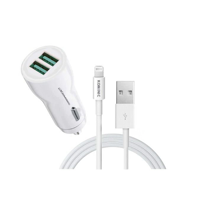 Cargador Dual de Auto 12W Kominic con Cable USB A - Lighthing (iPhone) 1M (Carga Rápida)