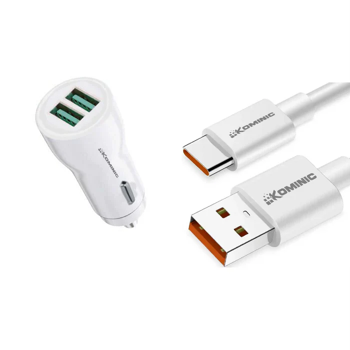 Cargador Dual de Auto 12W Kominic con Cable USB A - Tipo C 1M (Carga Rápida)